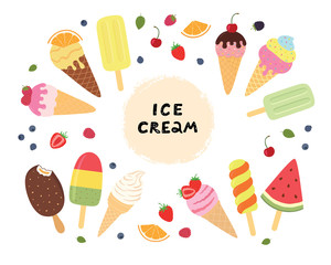 Set of ice cream with fruits and berries. Different ice cream for your design.