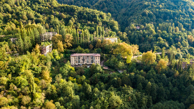 An abandoned city, a Ghost town, Akarmara. Aerial view. Located near Tkvarcheli. Abkhazia. Georgia.