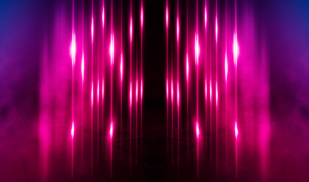 Background of empty dark scene. Background of empty street at night. Wet asphalt, reflection of neon multi-colored light. Fog, smoke, spotlight - Powered by Adobe