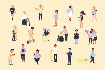 Fototapeta premium Set of cartoon people walking on street. Crowd of male and female tiny characters. Colorful vector bundle in trandy flat style. Large group of people