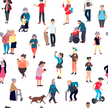 Seamless pattern with cartoon people walking on street. Crowd of male and female tiny characters. Colorful vector seamless pattern in trandy flat style for wallpaper, fabric print.