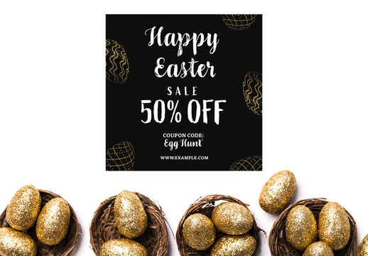 Happy Easter Sale Banner Layout with Gold Glitter Eggs