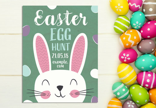 Easter Party Poster Layout with Cartoon Rabbits