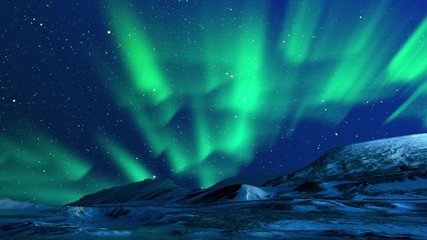 Beautiful Northern Lights Animation. Green Lights Aurora Borealis in Norway, Canada, Finland, Iceland and Sweden. Polar weather and blue starry sky on a cold night. Fantastic motion Background in 4k. - Powered by Adobe