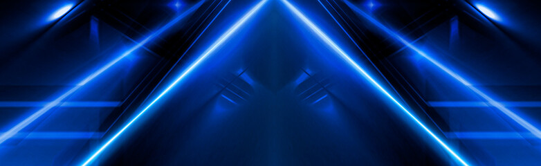 Tunnel in blue neon light, underground passage. Abstract blue background. Background of an empty black corridor with neon light. Abstract background with lines and glow