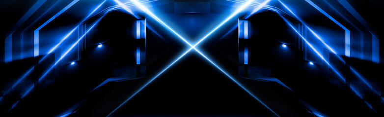 Tunnel in blue neon light, underground passage. Abstract blue background. Background of an empty black corridor with neon light. Abstract background with lines and glow