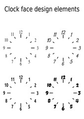 Classic clock face design elements, set of four clock faces in monochrome black and white design, vector template