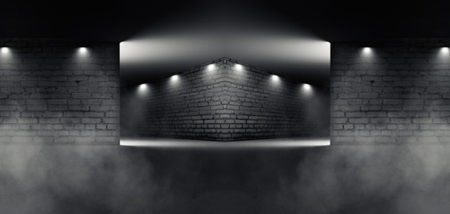 Background from an empty room with brick walls and concrete floor. Spotlight, fog, smoke.