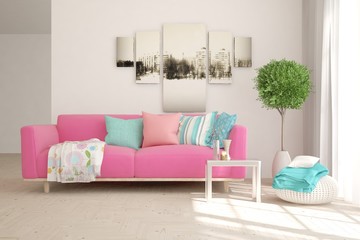 White stylish minimalist room with pink sofa. Scandinavian interior design. 3D illustration