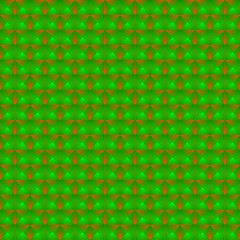 Chaotic pattern of green squares and orange pyramids.