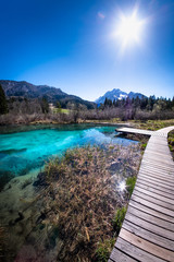 Lake Zelenci with observation trail and ponce mountains in Slovenia