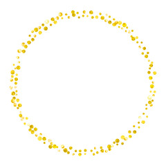 Gold glitter dots confetti on isolated backdrop. Random falling sequins with glossy sparkles. Design with gold glitter dots for greeting card, bridal shower and save the date invite.