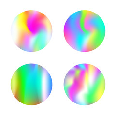 Holographic abstract backgrounds set. Stylish holographic backdrop with gradient mesh. 90s, 80s retro style. Pearlescent graphic template for banner, flyer, cover, mobile interface, web app.