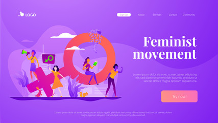 Concept of feminism, girl power, movement, female equality, equal social and civil rights. Website interface UI template. Landing web page with infographic concept creative hero header image.