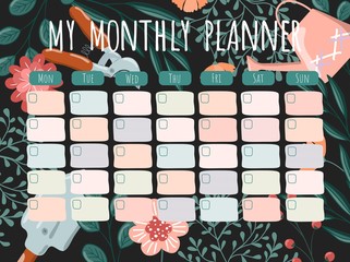Vector springtime floral hand drawn monthly planner, schedule template. 