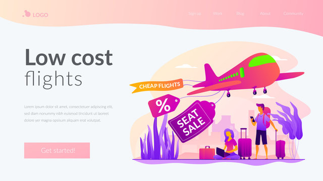 Low cost flights, budget air tickets, cheap fly tickets concept. Website interface UI template. Landing web page with infographic concept creative hero header image.