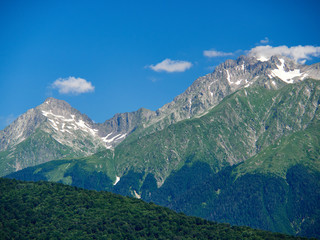 Fototapeta na wymiar High mountain range with snowy peaks, with slopes overgrown with forest, against the background of bright blue sky