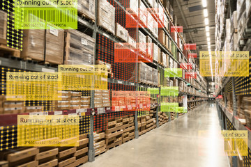Smart retail use augmented reality mixed virtual reality technology to show the data analysis keep track big data when product running out of stock on shelve in smart warehouse.