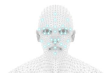 Machine learning systems technology , accurate facial recognition biometric technology and artificial intelligence concept. 3d Rendering of man face and dots connect on face.