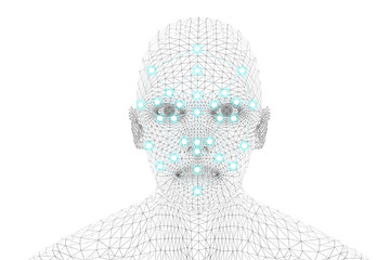 Machine learning systems technology , accurate facial recognition biometric technology and artificial intelligence concept. 3d Rendering of man face and dots connect on face.