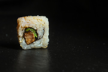 Sushi rolls different taste, rainbow color (fresh seafood) serving. Food background. Top view