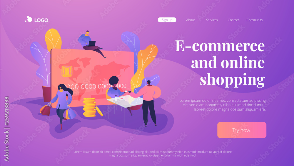 Sticker E-commerce and online shopping, financial operations and plastic card, mobile payment and banking concept.Website interface UI template. Landing web page with infographic concept creative hero header