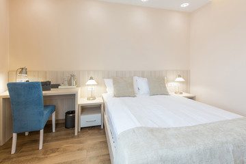 Interior of a double bed hotel bedroom