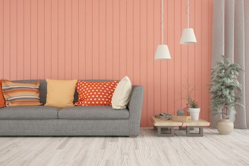 Coral stylish minimalist room with colorful sofa. Scandinavian interior design. 3D illustration