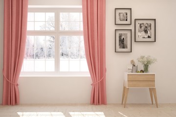 White stylish empty room with coral curtains and winter landscape in window. Scandinavian interior design. 3D illustration - obrazy, fototapety, plakaty