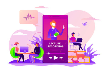 Podcast courses, audio and video recording, class recording access and study aid concept. Vector isolated concept illustration with tiny people and floral elements. Hero image for website.