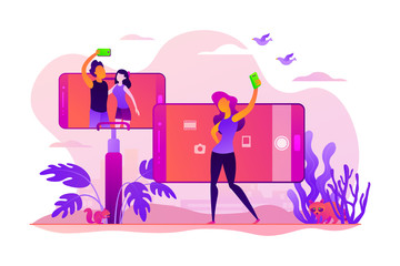 Concept of selfie culture, social network, blog, vlog, self-portrait, popularity. Colorful vector isolated concept illustration with tiny people and floral organic elements. Hero image for website.