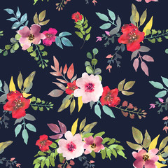 Watercolor floral seamless pattern for wallpaper, prints design. Flower background. Summer textile texture. Ornament illustration. Decorative flowers on black blue backdrop.