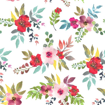 Watercolor floral seamless pattern for wallpaper, prints design. Flower background. Summer textile texture. Ornament illustration. Decorative flowers on white backdrop.