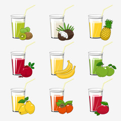 Set of Fresh Tropical Fruit Juices, Glass with Juice and a Straw Isolated on a White Background , Summer Time, Vector Illustration