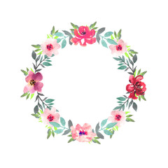 Hand drawn watercolor bouquet with place for your text. Design for card, invitation. Floral arrangement with circle frame. Wreath with flowers