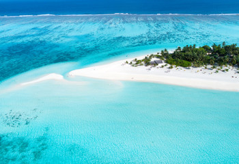 Beautiful aerial view of Maldives and tropical beach . Travel and vacation concept