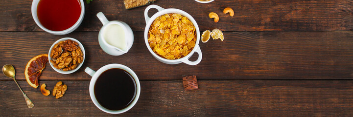 breakfas - cornflakes, coffee, jam, other ingredients. Top view. Copy space