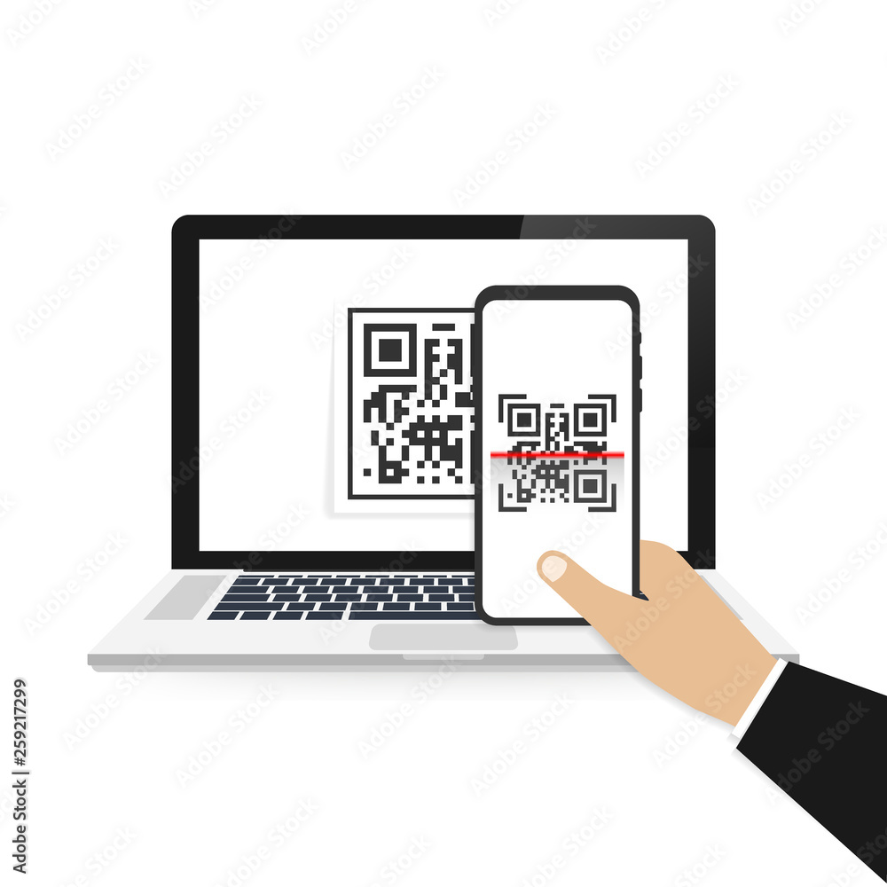 Poster mobile phone scan qr code. vector illustration isolated on white background.