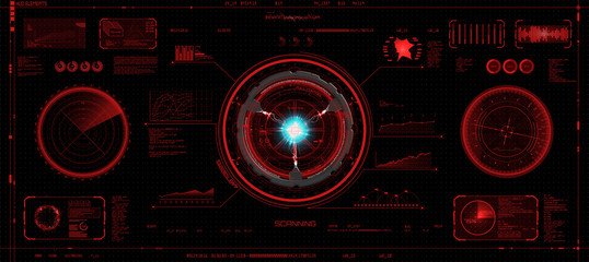 Fototapeta premium Head-Up Interface set in HUD style, Futuristic elements of red color (space, dashboard, hologram, spaceship, medicine, finance) Hud vector set