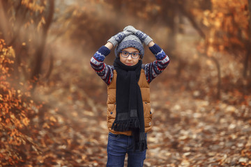 A child with glasses in the background of an autumn landscape
