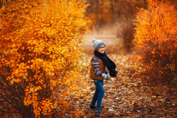 A child with glasses in the background of an autumn landscape
