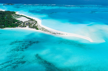 Beautiful aerial view of Maldives and tropical beach . Travel and vacation concept