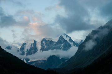 Low cloud before huge glacier. Giant snowy rocky mountains under cloudy sky. Thick mist in mountains above forest at early morning. Impenetrable fog. Dark atmospheric landscape. Tranquil atmosphere.