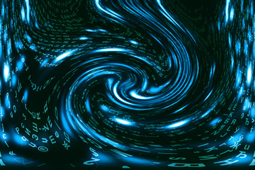 Blue green matrix digital background. Distorted cyberspace concept. Green characters fall down in...