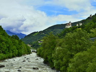 Fototapeta premium Italy-river Isarco and castle Trostburg