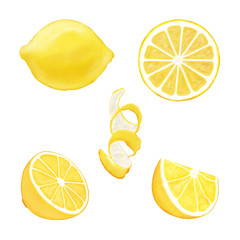 Set of juicy yellow whole lemon and slices of lemon isolated on a white background. Hand drawn watercolor elements for your design. 