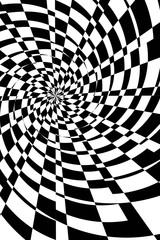 Abstract Black and White Geometric Pattern with Squares. Checkered Optical Psychedelic Illusion. Spiral Tunnel. Raster. 3D Illustration