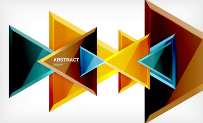 Triangles repetiton geometric abstract background, multicolored glossy triangular shapes, hi-tech poster cover design or web presentation template with copy space