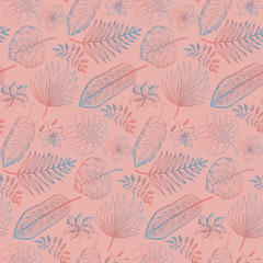 Elegant seamless pattern with outline gradient blue and red tropical leaves and flowers on pink background. Trendy exotic plants texture for textile, wrapping paper, surface, wallpaper, background