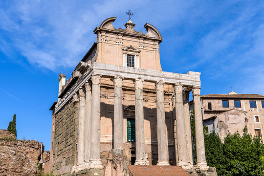 Ancient Roman Temple  - A front closeup view of the 2nd-century Roman Temple of Antoninus and Faustina, later converted to a Roman Catholic church named as San Lorenzo in Miranda, in Roman Forum. 